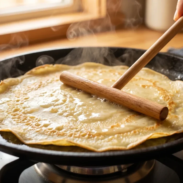 Crêpe fine dorée en cuisson dans une poêle