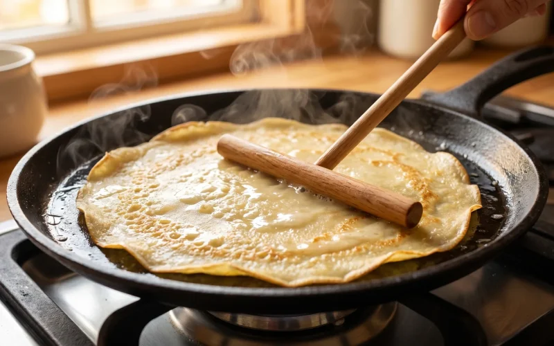 Crêpe fine dorée en cuisson dans une poêle