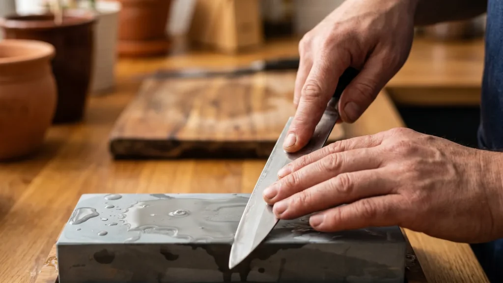 Aiguisage d'un couteau de cuisine sur une pierre à eau