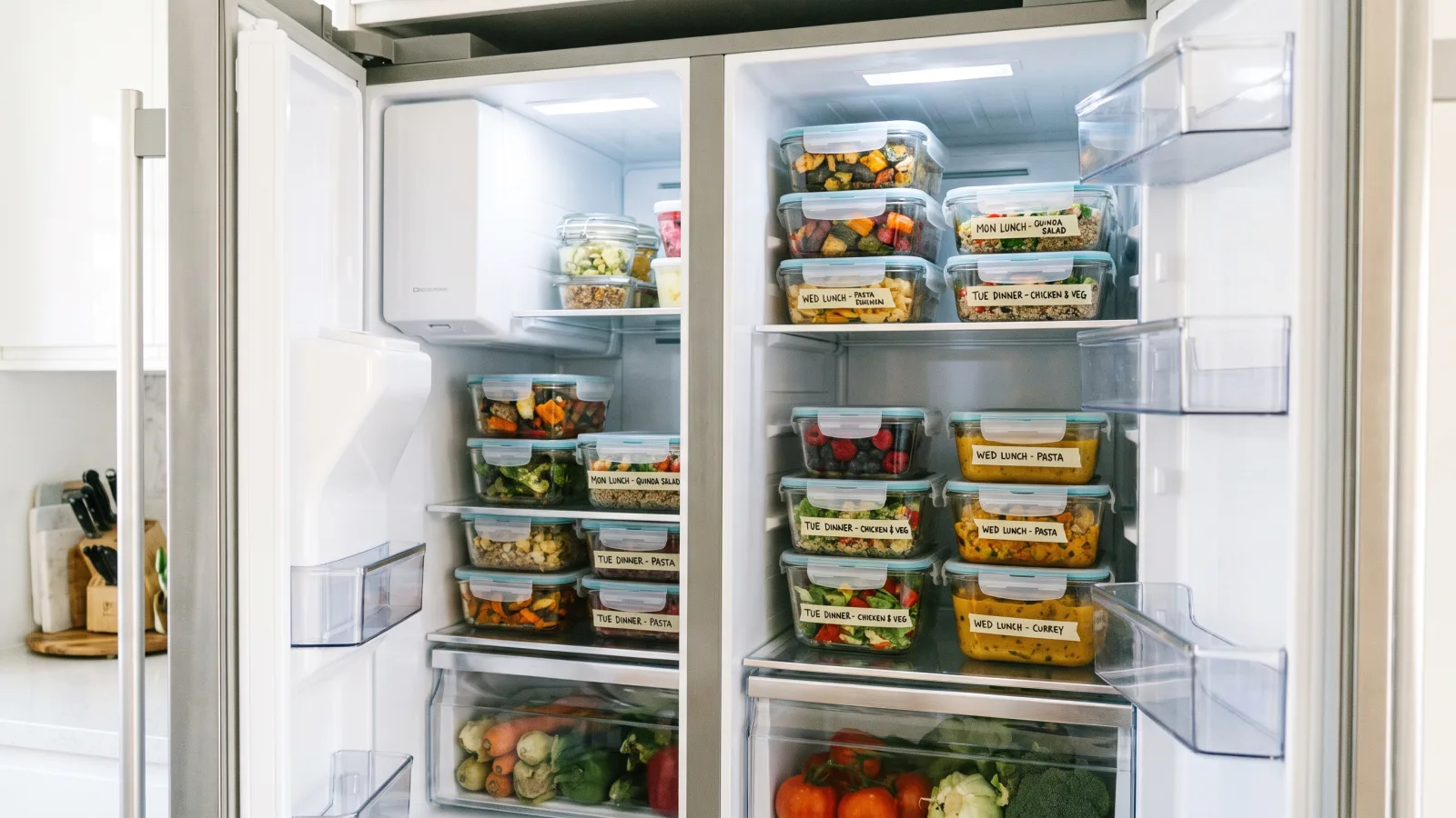 Contenants de batch cooking étiquetés et rangés au réfrigérateur