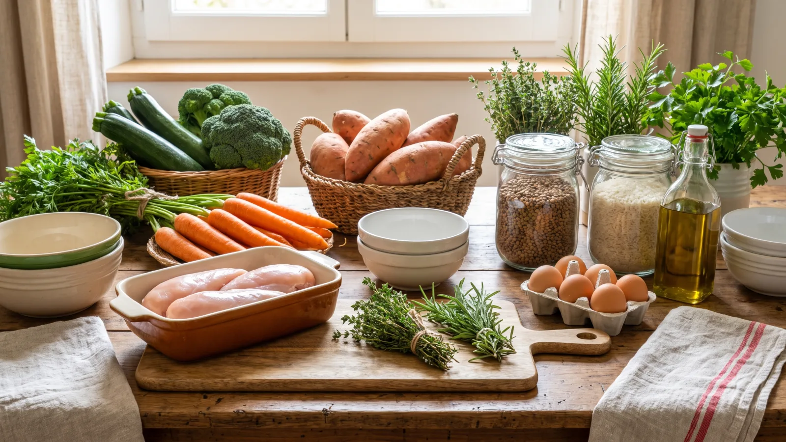 Ingrédients frais prêts pour une session de batch cooking