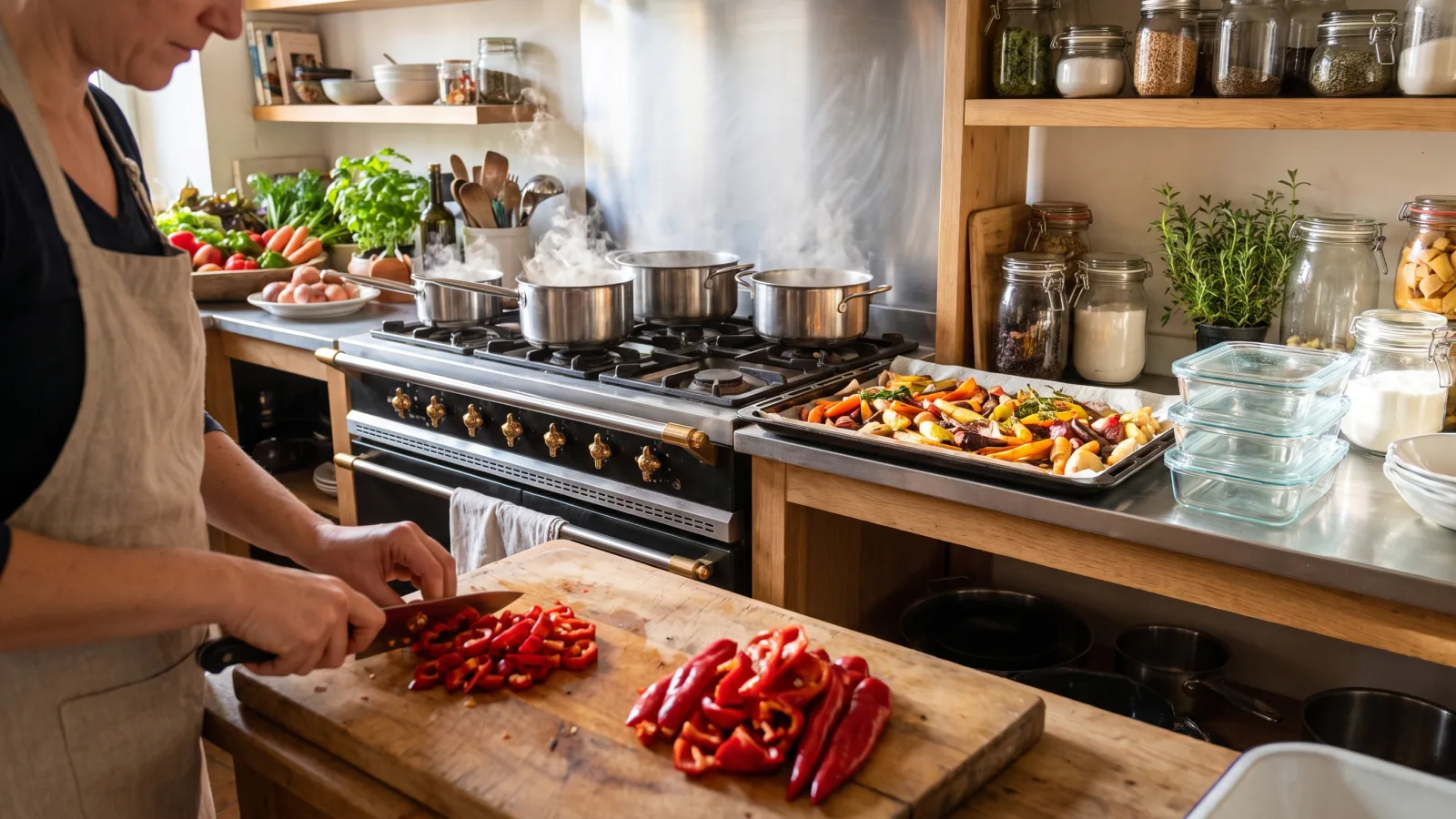 Préparation de plusieurs plats en parallèle pendant une session de batch cooking