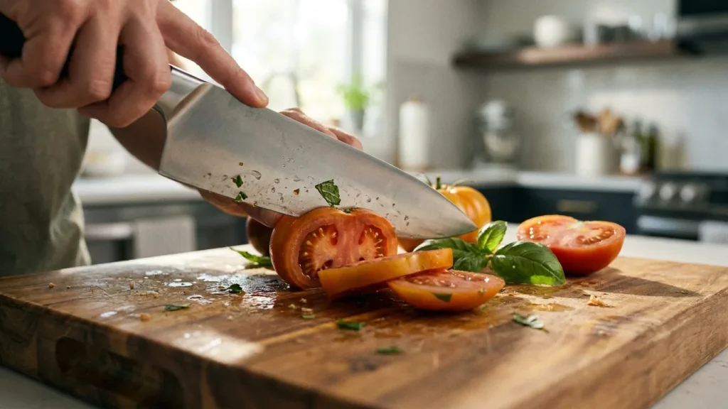 Couteau de chef tranchant des tomates fraîches sur une planche en bois