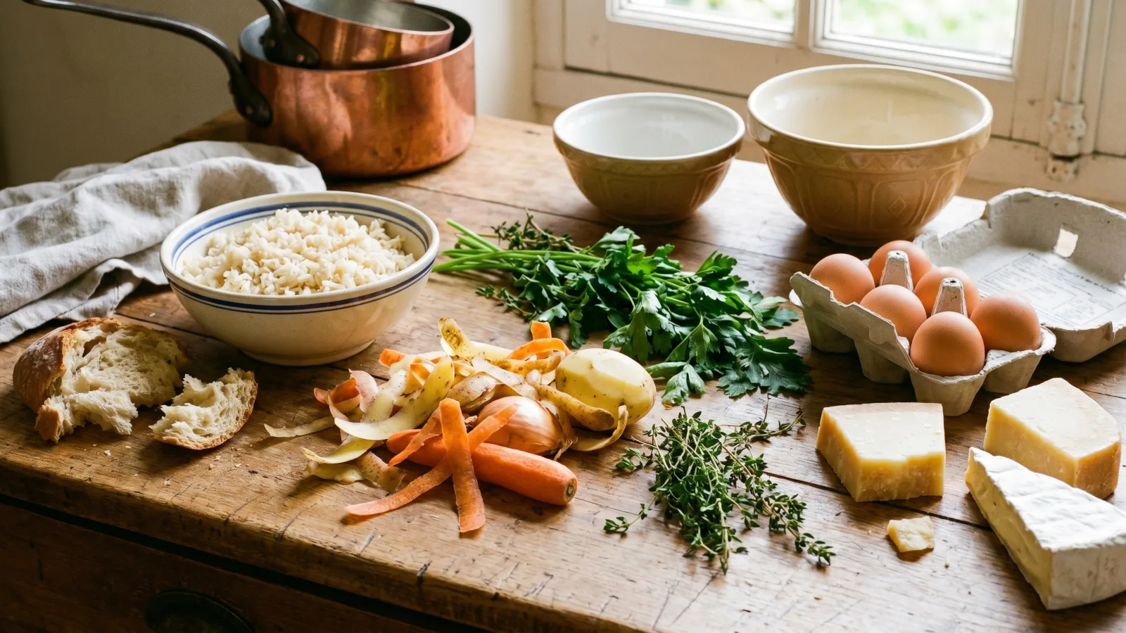 Ingrédients et restes à cuisiner : riz, pain, légumes, œufs