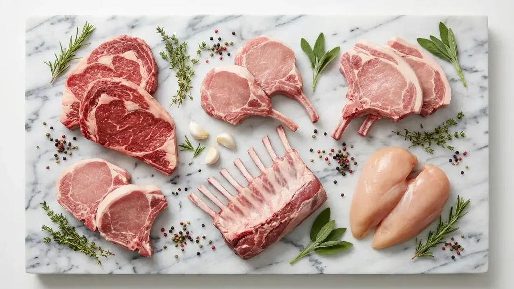 Morceaux de viande crue fraîche : bœuf, porc, agneau et volaille