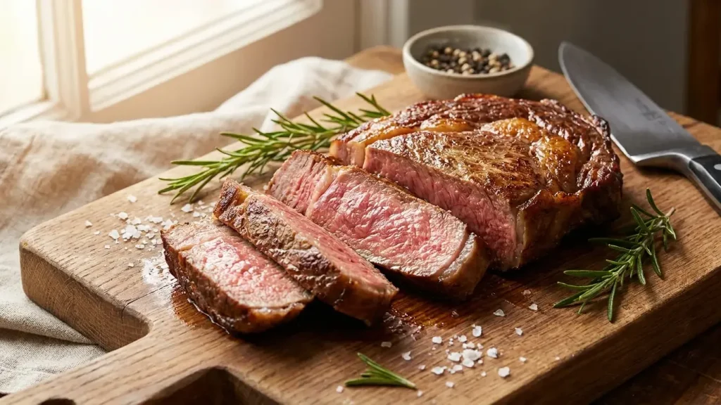 Steak de bœuf tranché cuit à point sur une planche en bois