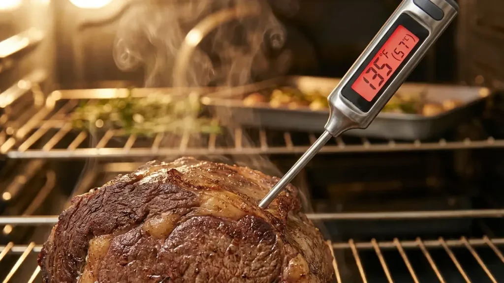 Thermomètre à sonde planté dans un rôti pour mesurer la température à cœur