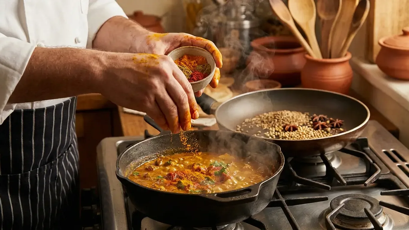 Chef ajoutant des épices moulues dans une casserole en cuisson