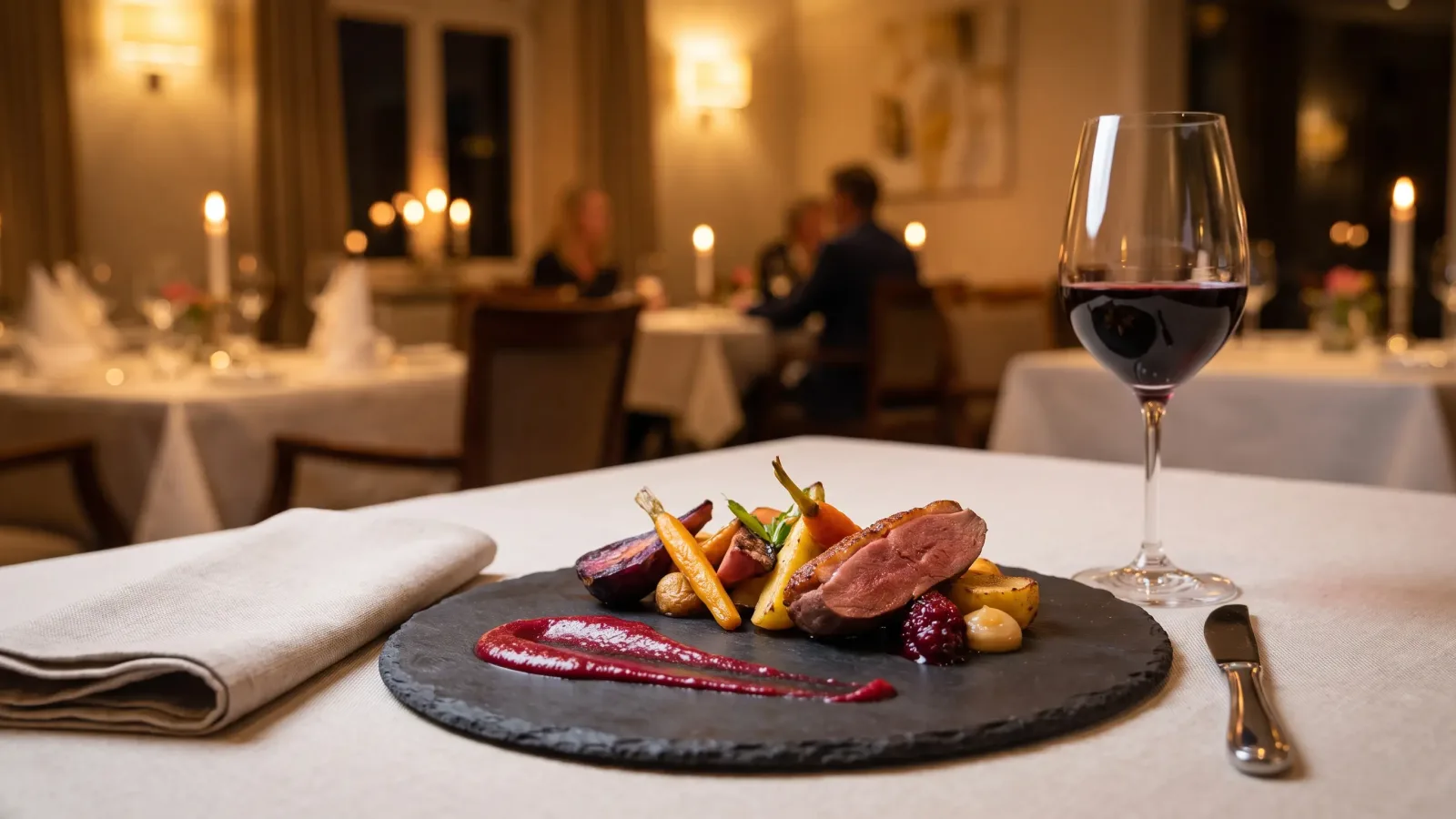 Assiette dressée sur une table de restaurant élégante