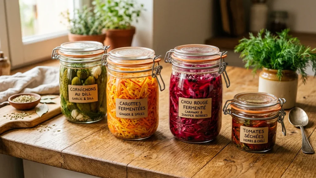 Bocaux en verre de légumes lacto-fermentés et conserves maison sur un plan de travail