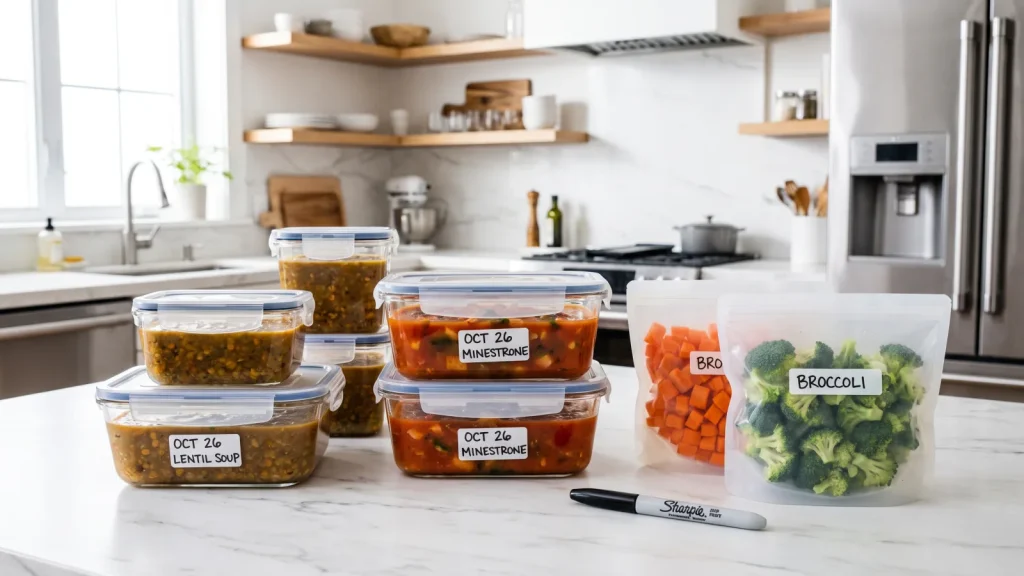 Portions de soupes et de légumes prêtes à congeler dans des boîtes hermétiques étiquetées