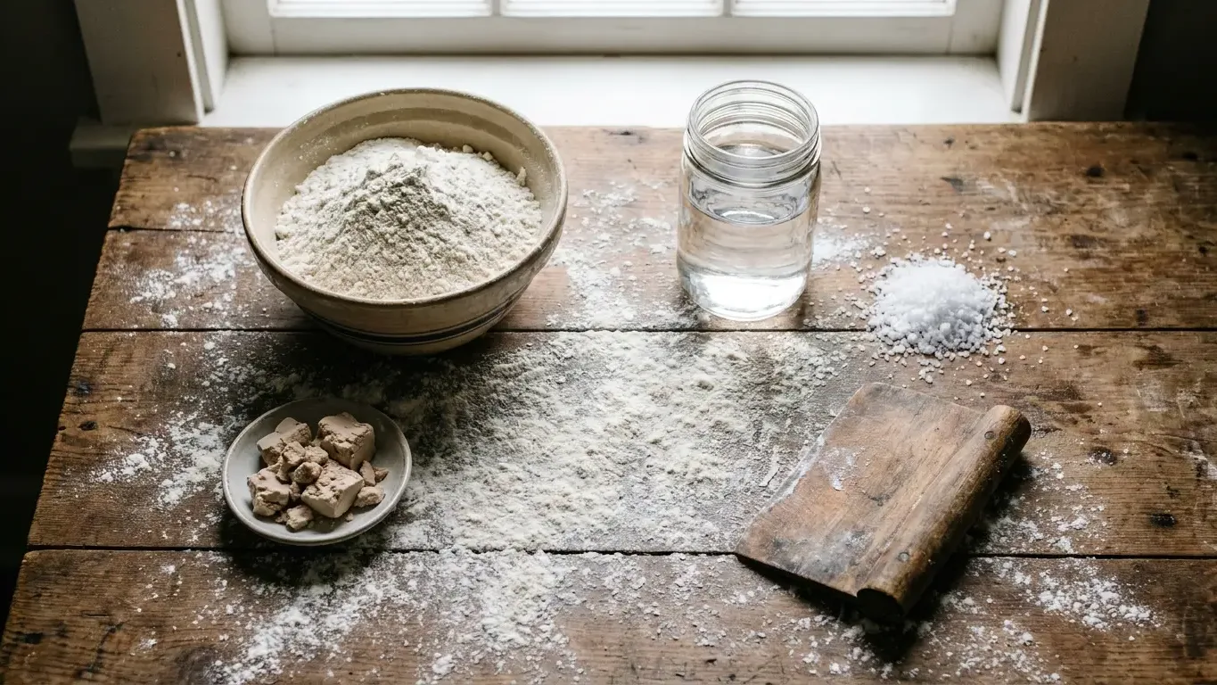 Ingrédients pour faire du pain maison : farine, levure, eau et sel