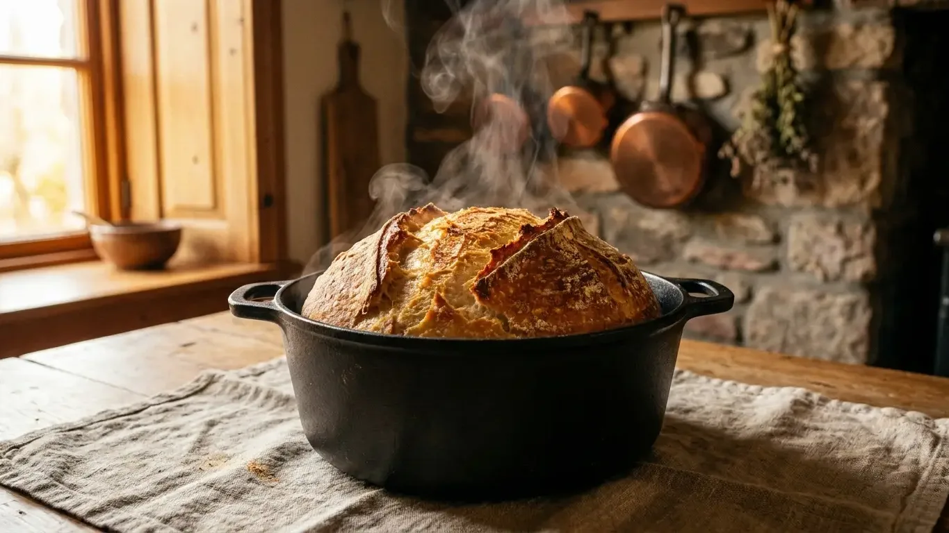 Pain maison cuit en cocotte en fonte, croûte dorée