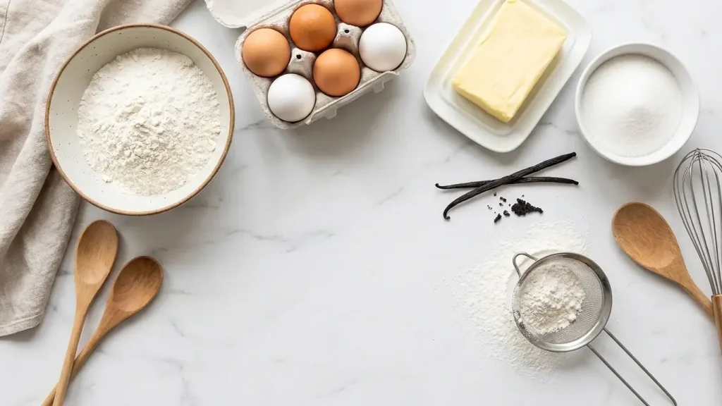 Ingrédients de base de la pâtisserie : farine, œufs, beurre, sucre