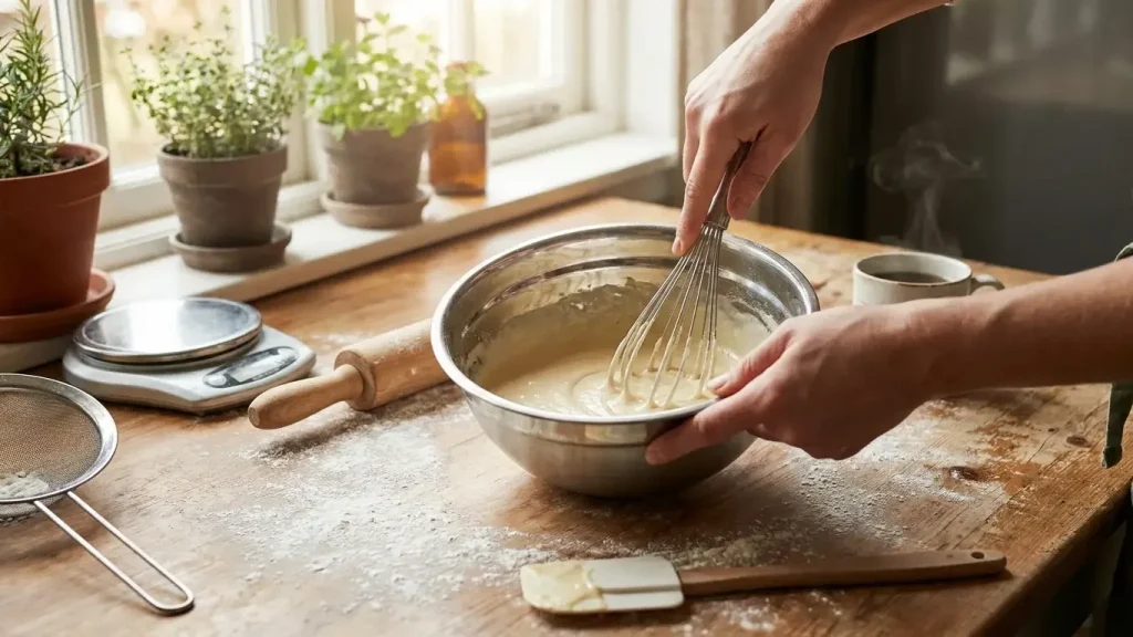 Débutant fouettant une pâte avec ustensiles de pâtisserie