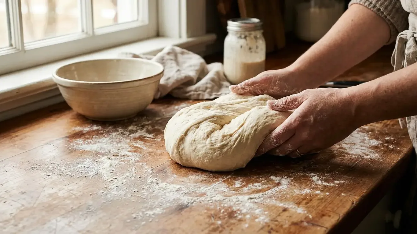 Pétrissage de la pâte à pain à la main sur un plan de travail fariné