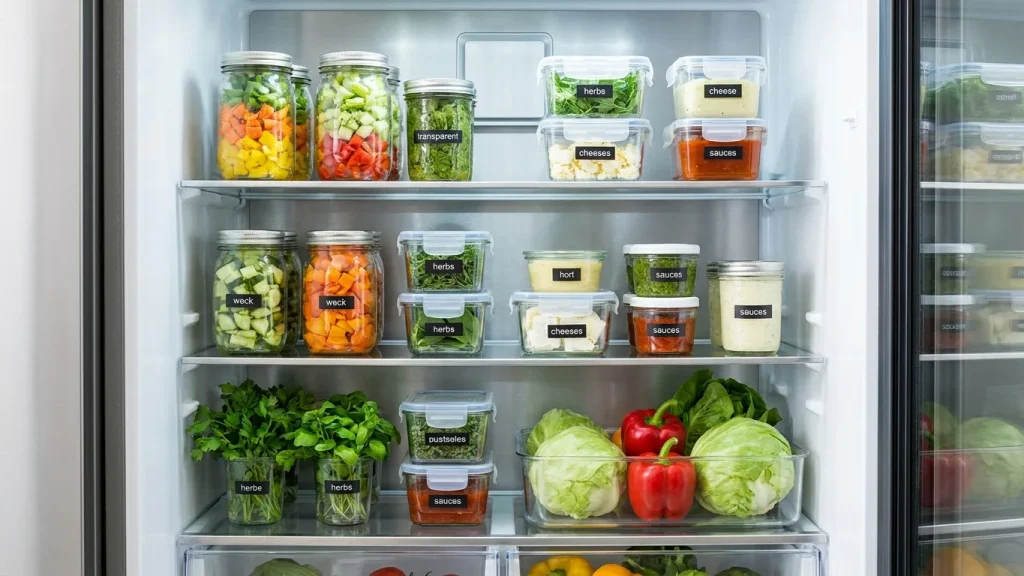 Réfrigérateur organisé avec bocaux et boîtes de conservation pour bien conserver les aliments
